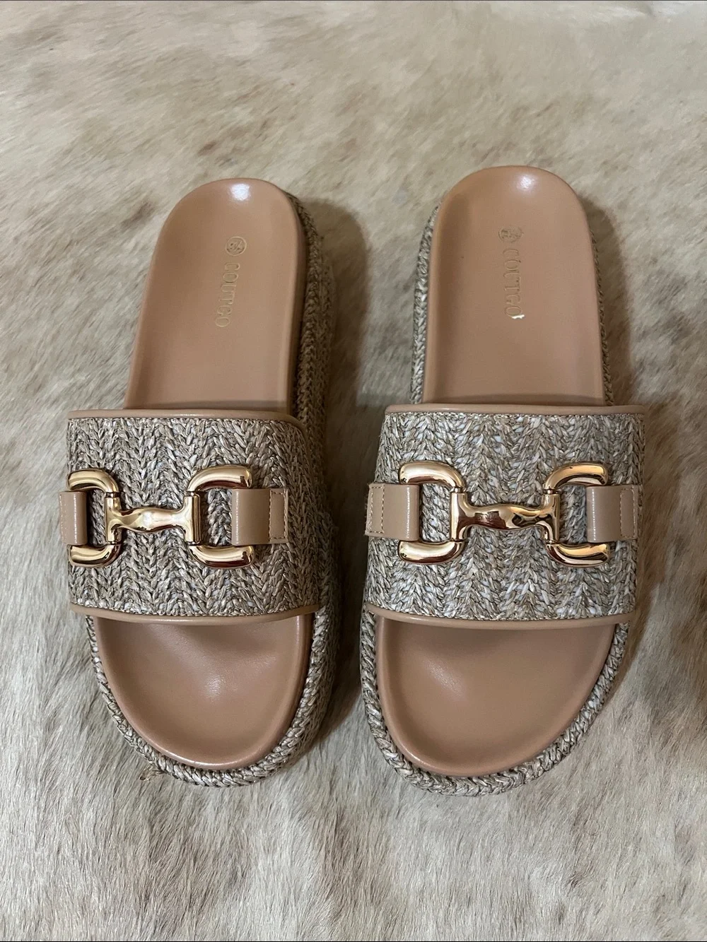 Woven Neutral Slide Sandals with Gold Chain Accent